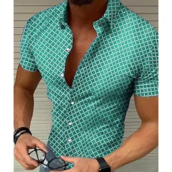 New OUKU Men's Shirt Summer Shirt Casual Shirt Beach Shirt Button Up Shirt Black White Red Blue Green Short Sleeve Geometric Argyle Lapel Vacation Hawaiian Buttons Clothing Apparel Polyester Fashion Casual
