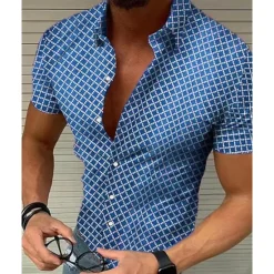 New OUKU Men's Shirt Summer Shirt Casual Shirt Beach Shirt Button Up Shirt Black White Red Blue Green Short Sleeve Geometric Argyle Lapel Vacation Hawaiian Buttons Clothing Apparel Polyester Fashion Casual