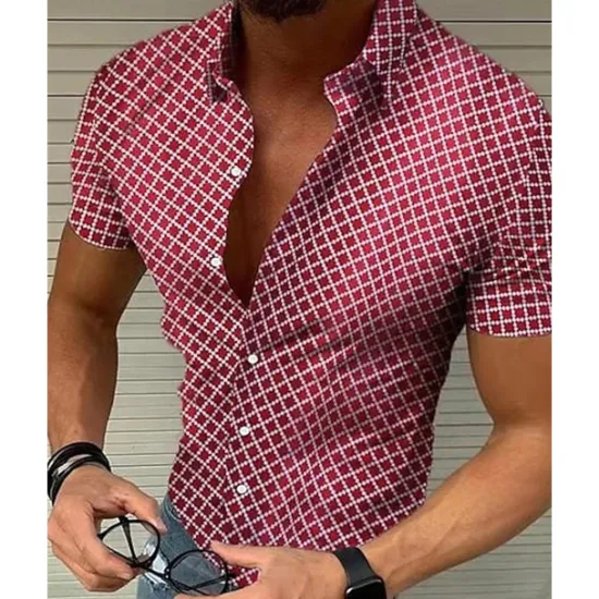 New OUKU Men's Shirt Summer Shirt Casual Shirt Beach Shirt Button Up Shirt Black White Red Blue Green Short Sleeve Geometric Argyle Lapel Vacation Hawaiian Buttons Clothing Apparel Polyester Fashion Casual