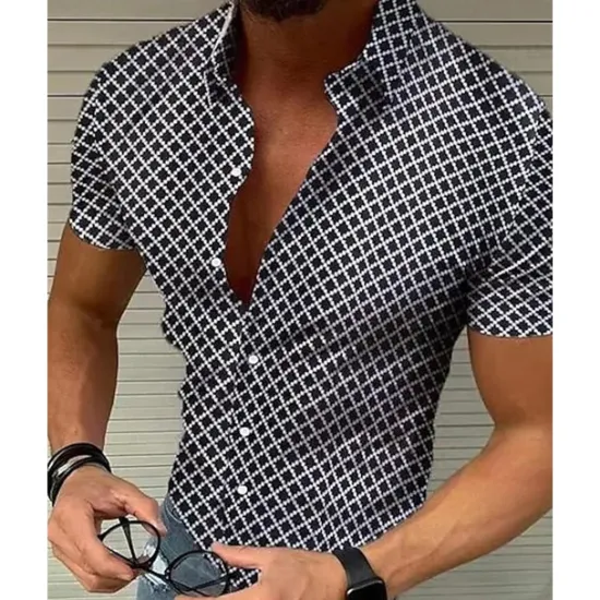 New OUKU Men's Shirt Summer Shirt Casual Shirt Beach Shirt Button Up Shirt Black White Red Blue Green Short Sleeve Geometric Argyle Lapel Vacation Hawaiian Buttons Clothing Apparel Polyester Fashion Casual