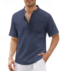 Discount OUKU Men's Shirt Summer Shirt Casual Shirt Beach Shirt Button Up Shirt Black White Blue Deep Blue Army Green Short Sleeve Plain Standing Collar Vacation Hawaiian Pocket Clothing Apparel Polyester Fashion