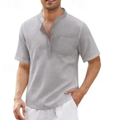 Discount OUKU Men's Shirt Summer Shirt Casual Shirt Beach Shirt Button Up Shirt Black White Blue Deep Blue Army Green Short Sleeve Plain Standing Collar Vacation Hawaiian Pocket Clothing Apparel Polyester Fashion