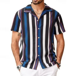 Online OUKU Men's Shirt Summer Shirt Casual Shirt Beach Shirt Button Up Shirt Blue Green Short Sleeve Stripes Camp Collar Vacation Hawaiian Clothing Apparel Polyester Fashion Casual Comfortable