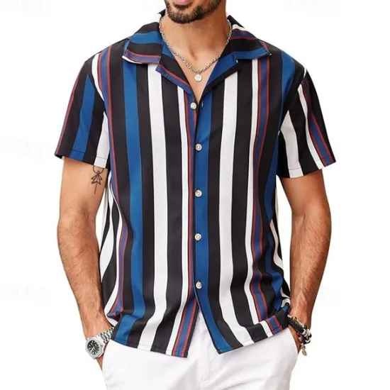 Online OUKU Men's Shirt Summer Shirt Casual Shirt Beach Shirt Button Up Shirt Blue Green Short Sleeve Stripes Camp Collar Vacation Hawaiian Clothing Apparel Polyester Fashion Casual Comfortable