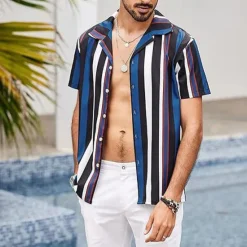 Online OUKU Men's Shirt Summer Shirt Casual Shirt Beach Shirt Button Up Shirt Blue Green Short Sleeve Stripes Camp Collar Vacation Hawaiian Clothing Apparel Polyester Fashion Casual Comfortable