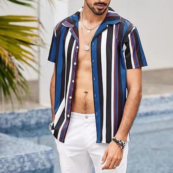 Online OUKU Men's Shirt Summer Shirt Casual Shirt Beach Shirt Button Up Shirt Blue Green Short Sleeve Stripes Camp Collar Vacation Hawaiian Clothing Apparel Polyester Fashion Casual Comfortable