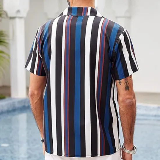 Online OUKU Men's Shirt Summer Shirt Casual Shirt Beach Shirt Button Up Shirt Blue Green Short Sleeve Stripes Camp Collar Vacation Hawaiian Clothing Apparel Polyester Fashion Casual Comfortable