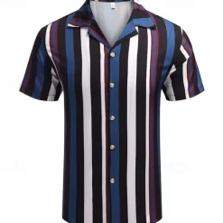 Online OUKU Men's Shirt Summer Shirt Casual Shirt Beach Shirt Button Up Shirt Blue Green Short Sleeve Stripes Camp Collar Vacation Hawaiian Clothing Apparel Polyester Fashion Casual Comfortable