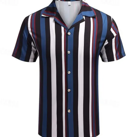Online OUKU Men's Shirt Summer Shirt Casual Shirt Beach Shirt Button Up Shirt Blue Green Short Sleeve Stripes Camp Collar Vacation Hawaiian Clothing Apparel Polyester Fashion Casual Comfortable