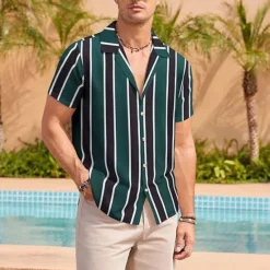 Online OUKU Men's Shirt Summer Shirt Casual Shirt Beach Shirt Button Up Shirt Blue Green Short Sleeve Stripes Camp Collar Vacation Hawaiian Clothing Apparel Polyester Fashion Casual Comfortable