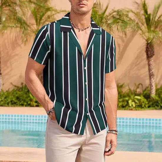 Online OUKU Men's Shirt Summer Shirt Casual Shirt Beach Shirt Button Up Shirt Blue Green Short Sleeve Stripes Camp Collar Vacation Hawaiian Clothing Apparel Polyester Fashion Casual Comfortable