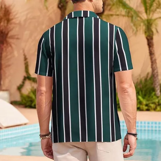 Online OUKU Men's Shirt Summer Shirt Casual Shirt Beach Shirt Button Up Shirt Blue Green Short Sleeve Stripes Camp Collar Vacation Hawaiian Clothing Apparel Polyester Fashion Casual Comfortable