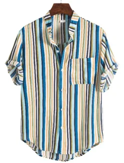 New OUKU Men's Shirt Summer Shirt Casual Shirt Button Up Shirt Striped Shirts Yellow Blue Red Dark Blue Short Sleeve Striped Band Collar Vacation Street Print Clothing Apparel 100% Cotton Stylish Classic