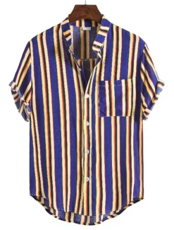 New OUKU Men's Shirt Summer Shirt Casual Shirt Button Up Shirt Striped Shirts Yellow Blue Red Dark Blue Short Sleeve Striped Band Collar Vacation Street Print Clothing Apparel 100% Cotton Stylish Classic