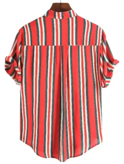 New OUKU Men's Shirt Summer Shirt Casual Shirt Button Up Shirt Striped Shirts Yellow Blue Red Dark Blue Short Sleeve Striped Band Collar Vacation Street Print Clothing Apparel 100% Cotton Stylish Classic