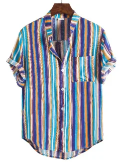 New OUKU Men's Shirt Summer Shirt Casual Shirt Button Up Shirt Striped Shirts Yellow Blue Red Dark Blue Short Sleeve Striped Band Collar Vacation Street Print Clothing Apparel 100% Cotton Stylish Classic