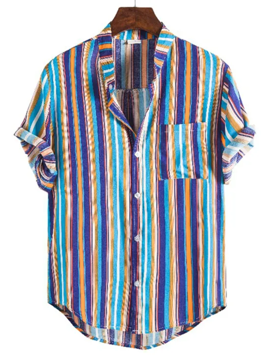 New OUKU Men's Shirt Summer Shirt Casual Shirt Button Up Shirt Striped Shirts Yellow Blue Red Dark Blue Short Sleeve Striped Band Collar Vacation Street Print Clothing Apparel 100% Cotton Stylish Classic