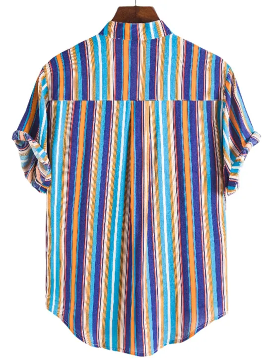 New OUKU Men's Shirt Summer Shirt Casual Shirt Button Up Shirt Striped Shirts Yellow Blue Red Dark Blue Short Sleeve Striped Band Collar Vacation Street Print Clothing Apparel 100% Cotton Stylish Classic