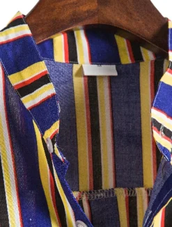 New OUKU Men's Shirt Summer Shirt Casual Shirt Button Up Shirt Striped Shirts Yellow Blue Red Dark Blue Short Sleeve Striped Band Collar Vacation Street Print Clothing Apparel 100% Cotton Stylish Classic
