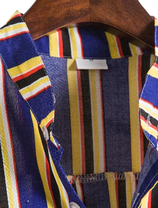 New OUKU Men's Shirt Summer Shirt Casual Shirt Button Up Shirt Striped Shirts Yellow Blue Red Dark Blue Short Sleeve Striped Band Collar Vacation Street Print Clothing Apparel 100% Cotton Stylish Classic