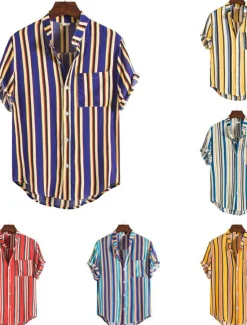 New OUKU Men's Shirt Summer Shirt Casual Shirt Button Up Shirt Striped Shirts Yellow Blue Red Dark Blue Short Sleeve Striped Band Collar Vacation Street Print Clothing Apparel 100% Cotton Stylish Classic