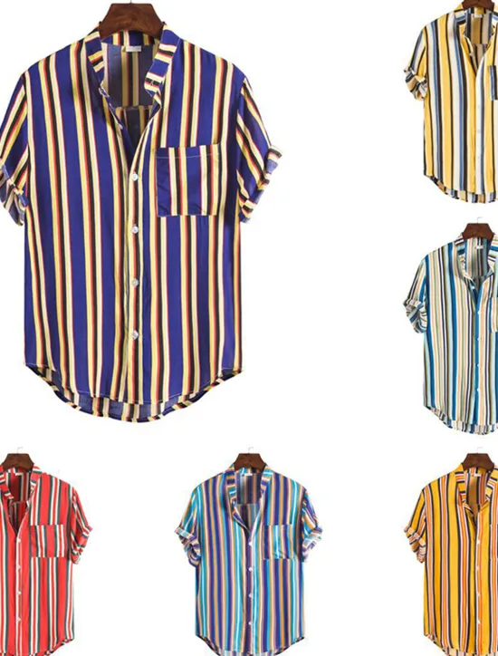 New OUKU Men's Shirt Summer Shirt Casual Shirt Button Up Shirt Striped Shirts Yellow Blue Red Dark Blue Short Sleeve Striped Band Collar Vacation Street Print Clothing Apparel 100% Cotton Stylish Classic