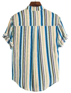 New OUKU Men's Shirt Summer Shirt Casual Shirt Button Up Shirt Striped Shirts Yellow Blue Red Dark Blue Short Sleeve Striped Band Collar Vacation Street Print Clothing Apparel 100% Cotton Stylish Classic