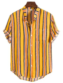 New OUKU Men's Shirt Summer Shirt Casual Shirt Button Up Shirt Striped Shirts Yellow Blue Red Dark Blue Short Sleeve Striped Band Collar Vacation Street Print Clothing Apparel 100% Cotton Stylish Classic
