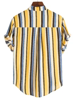 New OUKU Men's Shirt Summer Shirt Casual Shirt Button Up Shirt Striped Shirts Yellow Blue Red Dark Blue Short Sleeve Striped Band Collar Vacation Street Print Clothing Apparel 100% Cotton Stylish Classic