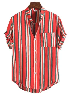 New OUKU Men's Shirt Summer Shirt Casual Shirt Button Up Shirt Striped Shirts Yellow Blue Red Dark Blue Short Sleeve Striped Band Collar Vacation Street Print Clothing Apparel 100% Cotton Stylish Classic