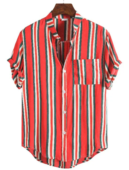 New OUKU Men's Shirt Summer Shirt Casual Shirt Button Up Shirt Striped Shirts Yellow Blue Red Dark Blue Short Sleeve Striped Band Collar Vacation Street Print Clothing Apparel 100% Cotton Stylish Classic