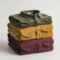 OUKU Men's Shirt Summer Shirt Corduroy Shirt Button Up Shirt Yellow Red Dark Navy Green Long Sleeve Plain Turndown Casual Daily Button-Down Clothing Apparel Cotton Fashion Streetwear Classic