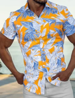 Clearance OUKU Men's Shirt Summer Shirt Casual Shirt Beach Shirt Summer Hawaiian Shirt Button Up Shirt Light Yellow White Yellow Navy Blue Blue Short Sleeve Pineapple Leaves Turndown Street Daily Print Clothing