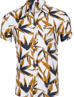 Clearance OUKU Men's Shirt Summer Shirt Casual Shirt Beach Shirt Summer Hawaiian Shirt Button Up Shirt Light Yellow White Yellow Navy Blue Blue Short Sleeve Pineapple Leaves Turndown Street Daily Print Clothing