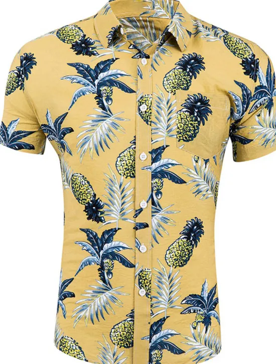 Clearance OUKU Men's Shirt Summer Shirt Casual Shirt Beach Shirt Summer Hawaiian Shirt Button Up Shirt Light Yellow White Yellow Navy Blue Blue Short Sleeve Pineapple Leaves Turndown Street Daily Print Clothing