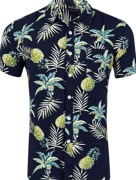 Clearance OUKU Men's Shirt Summer Shirt Casual Shirt Beach Shirt Summer Hawaiian Shirt Button Up Shirt Light Yellow White Yellow Navy Blue Blue Short Sleeve Pineapple Leaves Turndown Street Daily Print Clothing