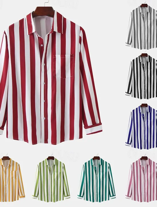 Clearance OUKU Men's Shirt Summer Shirt Casual Shirt Button Up Shirt Striped Shirts Black Royal Blue Blue Red Gray Long Sleeve Striped Turndown Vacation Street Front Pocket Clothing Apparel Polyester Stylish