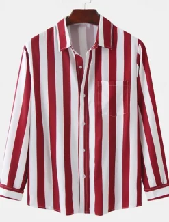 Clearance OUKU Men's Shirt Summer Shirt Casual Shirt Button Up Shirt Striped Shirts Black Royal Blue Blue Red Gray Long Sleeve Striped Turndown Vacation Street Front Pocket Clothing Apparel Polyester Stylish