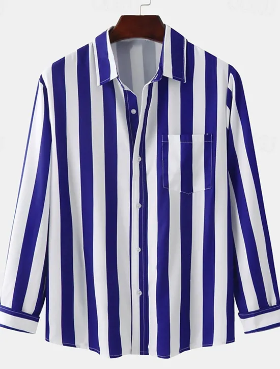Clearance OUKU Men's Shirt Summer Shirt Casual Shirt Button Up Shirt Striped Shirts Black Royal Blue Blue Red Gray Long Sleeve Striped Turndown Vacation Street Front Pocket Clothing Apparel Polyester Stylish