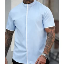 Online OUKU Men's Shirt Summer Shirt Casual Shirt Beach Shirt Button Up Shirt White Blue Short Sleeve Plain Band Collar Vacation Hawaiian Patchwork Clothing Apparel Polyester Fashion Casual Comfortable