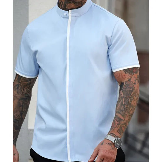 Online OUKU Men's Shirt Summer Shirt Casual Shirt Beach Shirt Button Up Shirt White Blue Short Sleeve Plain Band Collar Vacation Hawaiian Patchwork Clothing Apparel Polyester Fashion Casual Comfortable
