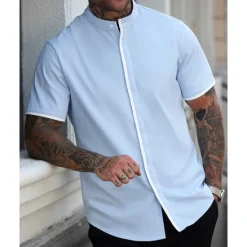 Online OUKU Men's Shirt Summer Shirt Casual Shirt Beach Shirt Button Up Shirt White Blue Short Sleeve Plain Band Collar Vacation Hawaiian Patchwork Clothing Apparel Polyester Fashion Casual Comfortable
