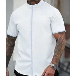 Online OUKU Men's Shirt Summer Shirt Casual Shirt Beach Shirt Button Up Shirt White Blue Short Sleeve Plain Band Collar Vacation Hawaiian Patchwork Clothing Apparel Polyester Fashion Casual Comfortable