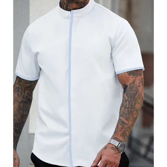 Online OUKU Men's Shirt Summer Shirt Casual Shirt Beach Shirt Button Up Shirt White Blue Short Sleeve Plain Band Collar Vacation Hawaiian Patchwork Clothing Apparel Polyester Fashion Casual Comfortable
