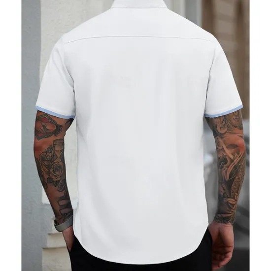 Online OUKU Men's Shirt Summer Shirt Casual Shirt Beach Shirt Button Up Shirt White Blue Short Sleeve Plain Band Collar Vacation Hawaiian Patchwork Clothing Apparel Polyester Fashion Casual Comfortable