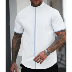 Online OUKU Men's Shirt Summer Shirt Casual Shirt Beach Shirt Button Up Shirt White Blue Short Sleeve Plain Band Collar Vacation Hawaiian Patchwork Clothing Apparel Polyester Fashion Casual Comfortable