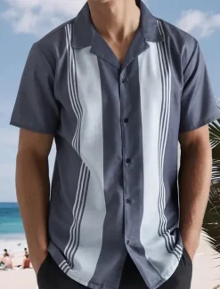 New OUKU Men's Shirt Summer Shirt Casual Shirt Beach Shirt Bowling Shirt Button Up Shirt Short Sleeve Striped Turndown Vacation Daily Clothing Apparel Cotton Cotton Blend Fashion 1950s Casual Comfortable Gray