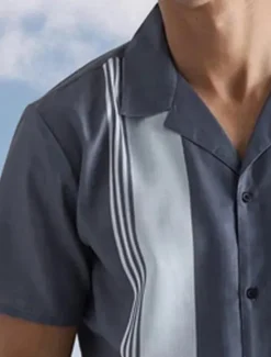 New OUKU Men's Shirt Summer Shirt Casual Shirt Beach Shirt Bowling Shirt Button Up Shirt Short Sleeve Striped Turndown Vacation Daily Clothing Apparel Cotton Cotton Blend Fashion 1950s Casual Comfortable Gray