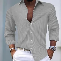 Outlet OUKU Men's Shirt Summer Shirt Casual Shirt Striped Shirt Button Up Shirt Black Light Green Pink Red Royal Blue Long Sleeve Stripe Collar Vacation Daily Clothing Apparel Fashion Casual