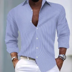 Outlet OUKU Men's Shirt Summer Shirt Casual Shirt Striped Shirt Button Up Shirt Black Light Green Pink Red Royal Blue Long Sleeve Stripe Collar Vacation Daily Clothing Apparel Fashion Casual